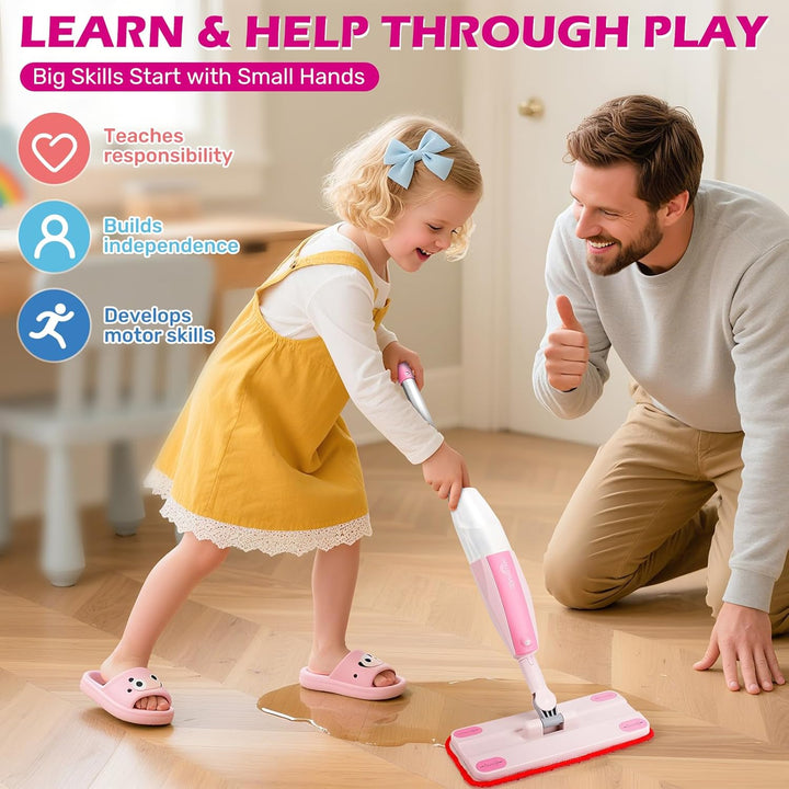 Kids Pretend Spray Mop Set with Washable Pads & Scraper for Role Play（Pink）