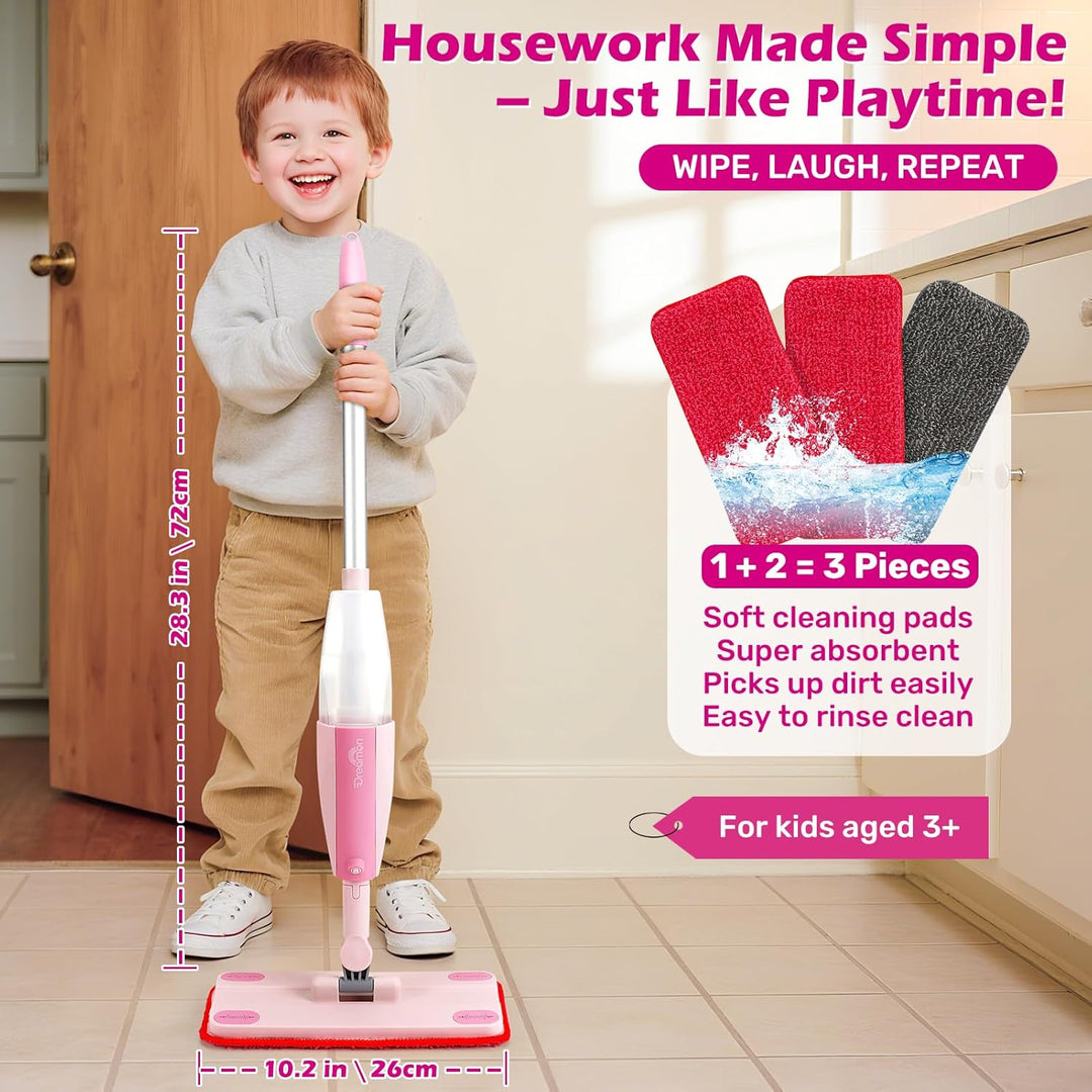 Kids Pretend Spray Mop Set with Washable Pads & Scraper for Role Play（Pink）