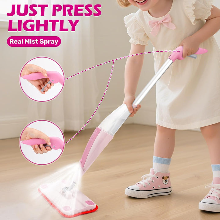 Kids Pretend Spray Mop Set with Washable Pads & Scraper for Role Play（Pink）
