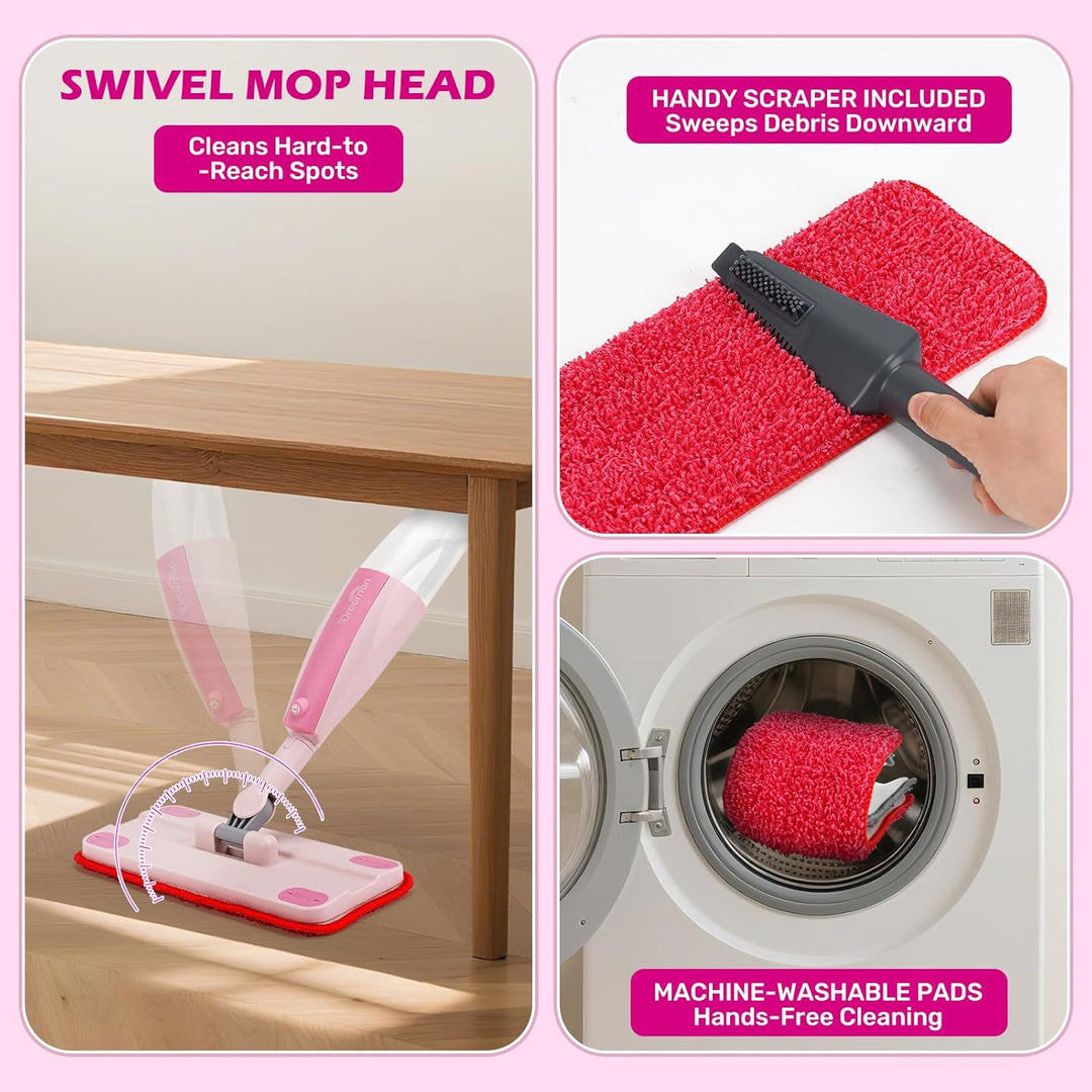 Kids Pretend Spray Mop Set with Washable Pads & Scraper for Role Play（Pink）