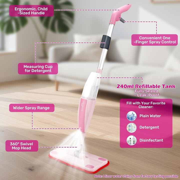 Kids Pretend Spray Mop Set with Washable Pads & Scraper for Role Play（Pink）