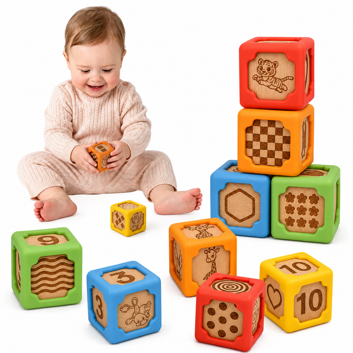A baby sitting on a white studio background playing with colorful wooden educational blocks. The baby is wearing a cream knit one-piece and holding an orange block.