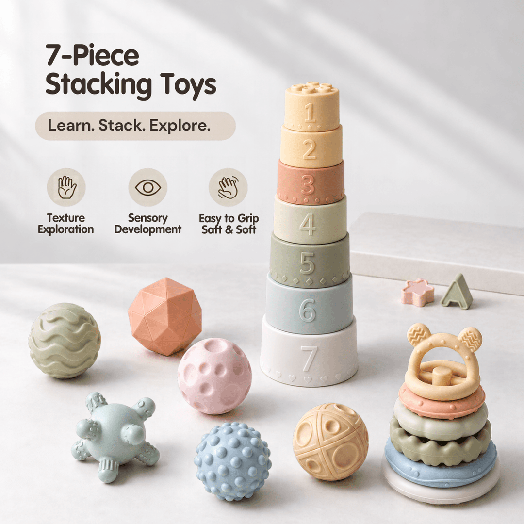 A 7-piece stacking toy set for babies, featuring numbered stacking rings and textured sensory balls in soft pastel colors, displayed on a clean white background with promotional text.