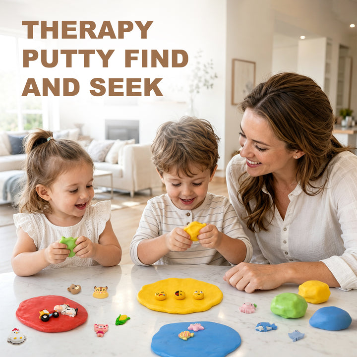 A woman and two children are sitting at a table playing with colorful therapy putty. The scene is set in a bright, modern living room.