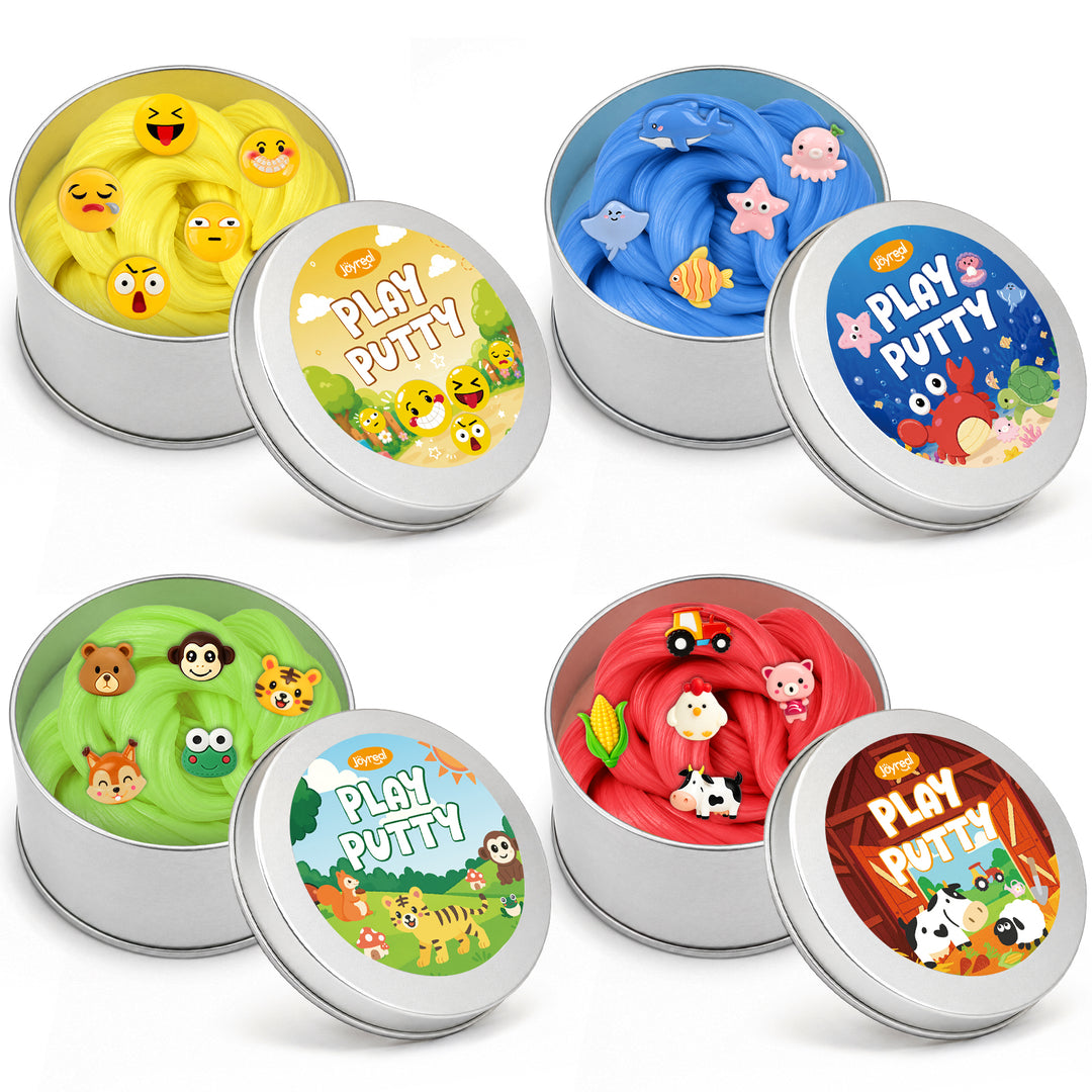 Four round metal tin containers of Play Putty slime in different colors, each shown open with the lid displaying colorful cartoon-themed labels. The slimes include yellow, blue, green, red, and brown colors with playful animal and emoji designs.