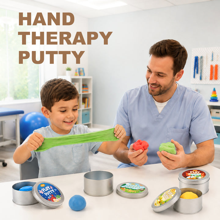 A man in light blue medical scrubs and a young boy stretch green hand therapy putty together at a table, with several labeled tins of colorful putty and balls on the table. Large text in the upper left reads “HAND THERAPY PUTTY.