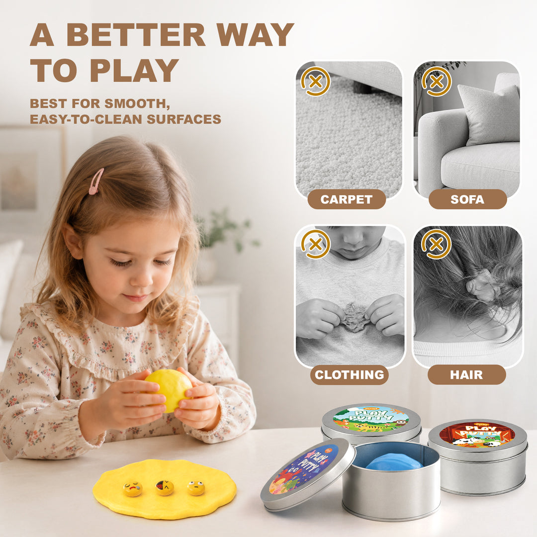 Child playing with yellow Therapy Putty on a smooth surface; carpet, sofa, clothing and hair are marked as unsuitable surfaces.