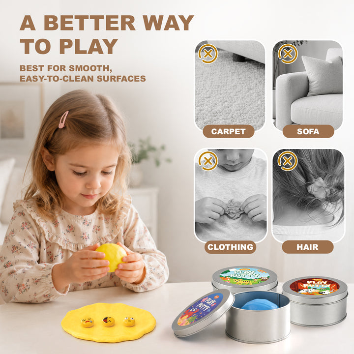Child playing with yellow Therapy Putty on a smooth surface; carpet, sofa, clothing and hair are marked as unsuitable surfaces.