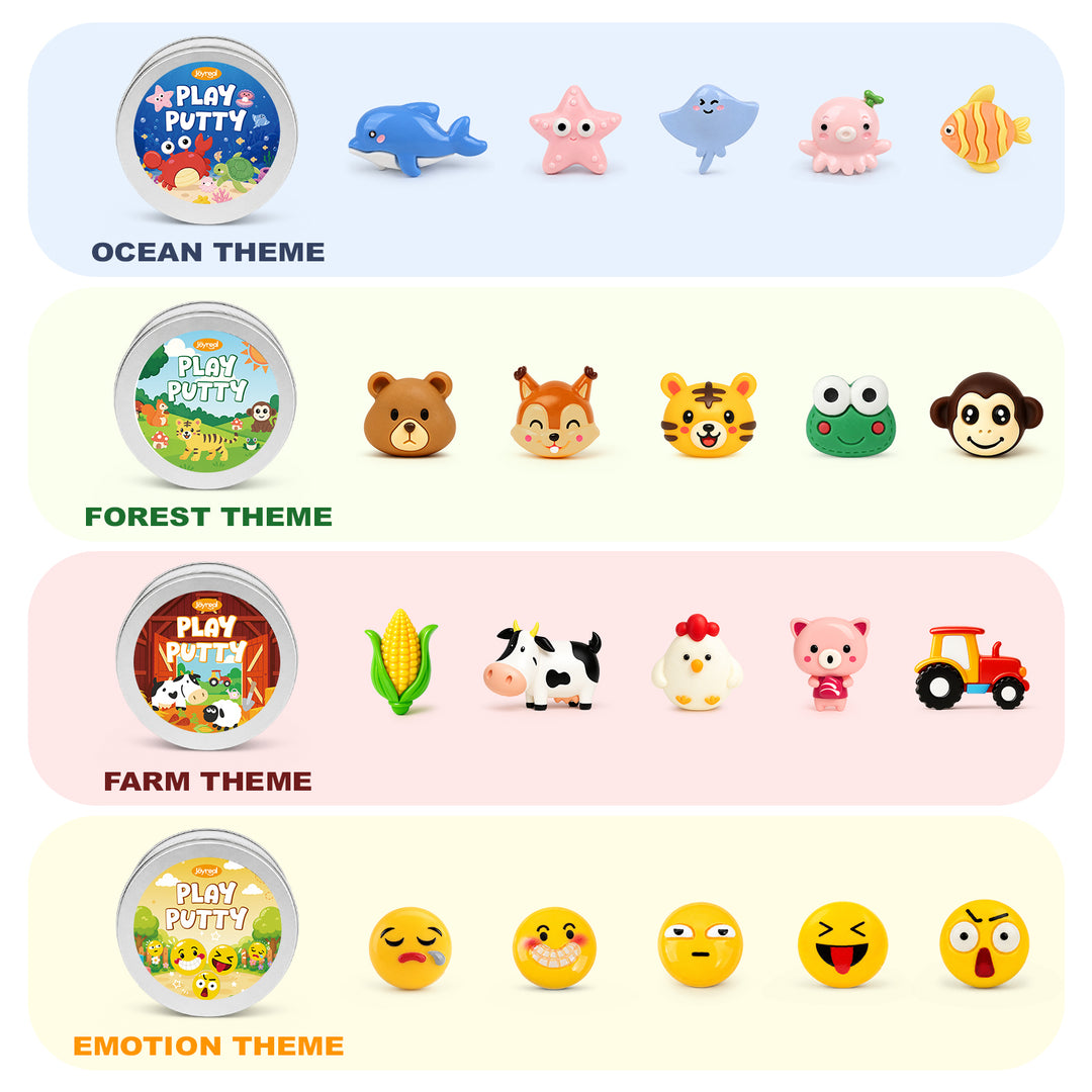 A product comparison chart showing four different Play Party toy sets: Ocean Theme, Forest Theme, Farm Theme, and Emotion Theme. Each set displays its round tin packaging with colorful cartoon graphics and a row of corresponding small toy figures.