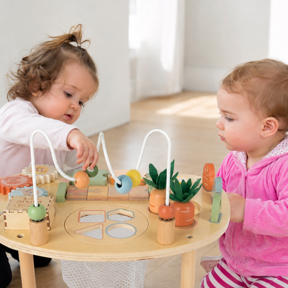 Two toddlers play with a wooden bead maze activity table in a bright, sunlit room. The wooden toy table has colorful beads on winding tracks, shape blocks, and small plant-themed pieces.