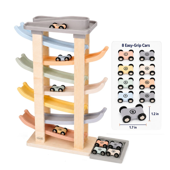 Wooden Car Ramp Racer Toys with 8 Mini Cars &amp; 2 Garages