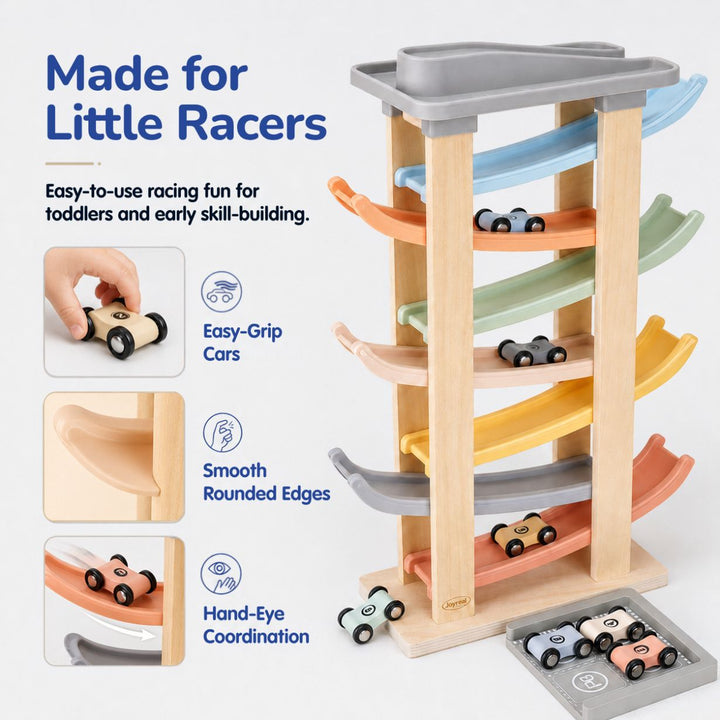 Wooden Car Ramp Racer Toys with 8 Mini Cars &amp; 2 Garages