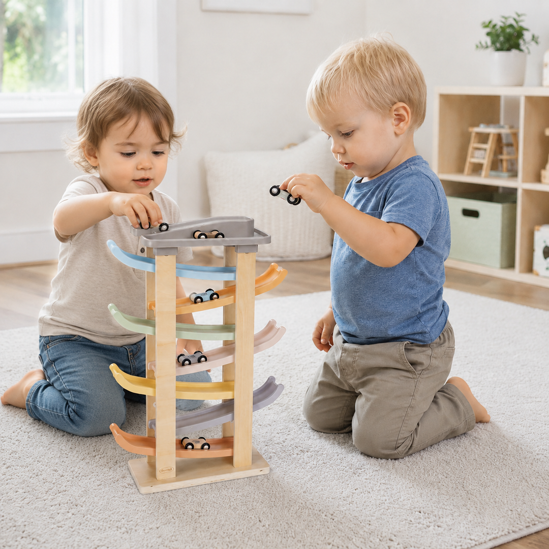 Wooden Car Ramp Racer Toys with 8 Mini Cars &amp; 2 Garages
