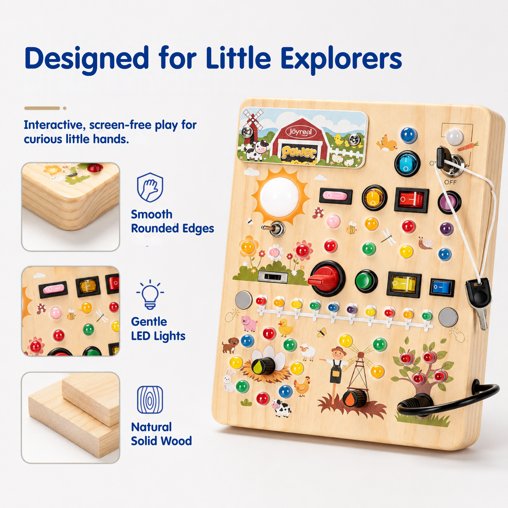 A wooden sensory activity board for toddlers displayed on a white background with marketing text and feature callouts. The board has multiple colorful buttons, a peg hole, a small window, a cow print panel, and accessories including keys and a black handle.