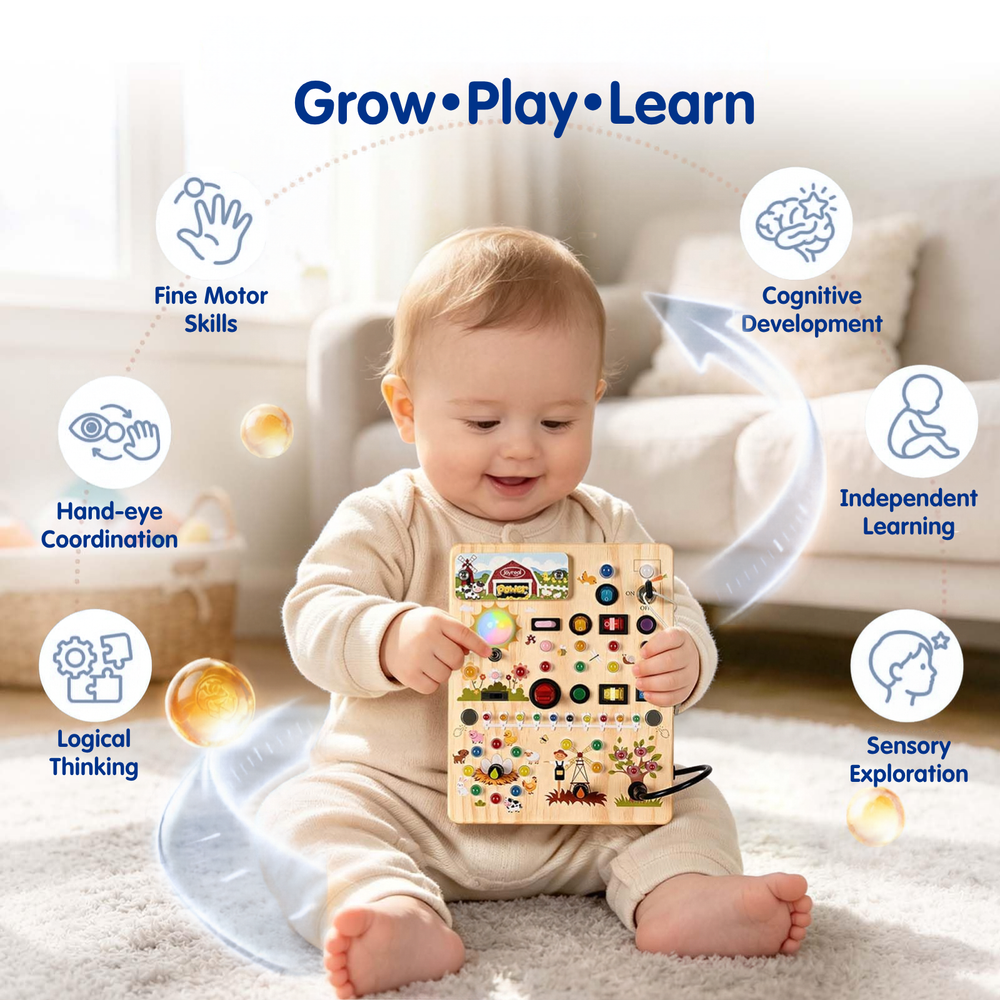 A baby sitting on a carpet and holding an interactive wooden activity board, surrounded by floating icons and text highlighting developmental benefits like fine motor skills, cognitive development, and sensory exploration.