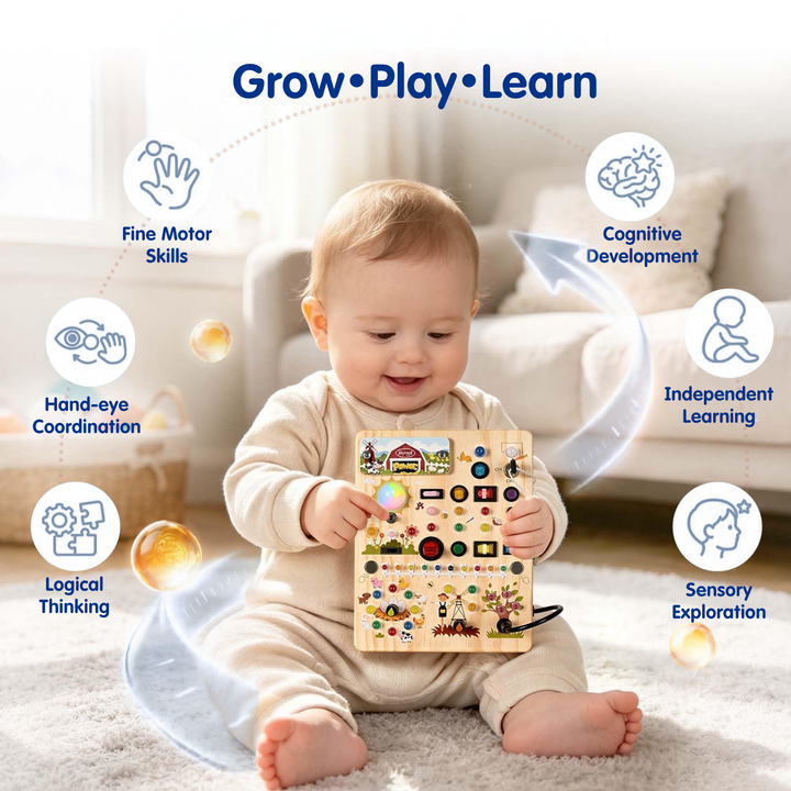 A baby sitting on a carpet and holding an interactive wooden activity board, surrounded by floating icons and text highlighting developmental benefits like fine motor skills, cognitive development, and sensory exploration.