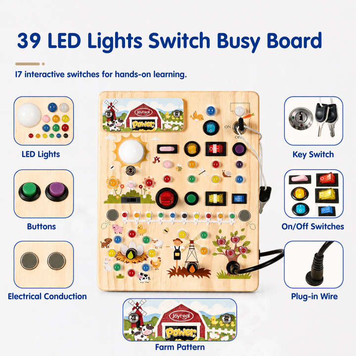 An educational wooden busy board with 39 LED lights, 17 interactive switches, and various farm-themed buttons and hooks, shown with feature callout boxes on a white background.
