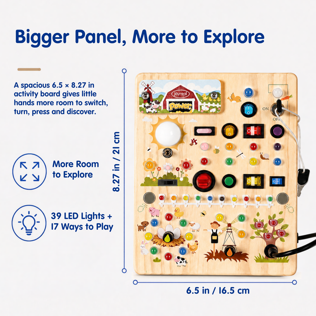A wooden activity board with colorful buttons, knobs, hooks, and printed farm-themed illustrations, shown on a white background with marketing text and dimension callouts. The board includes visible branding for &