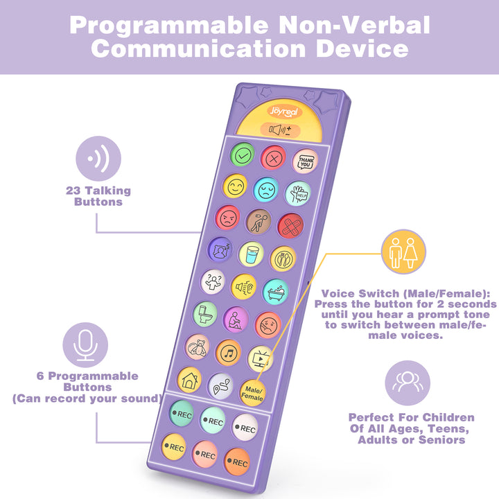 Hand holding a portable AAC speech device with colorful buttons