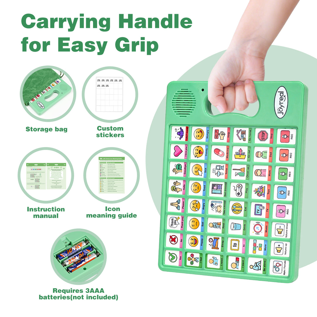 AAC device showing sentence-building vocabulary and communication symbols