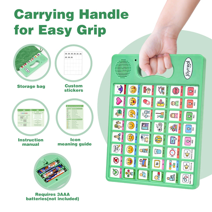 AAC device showing sentence-building vocabulary and communication symbols