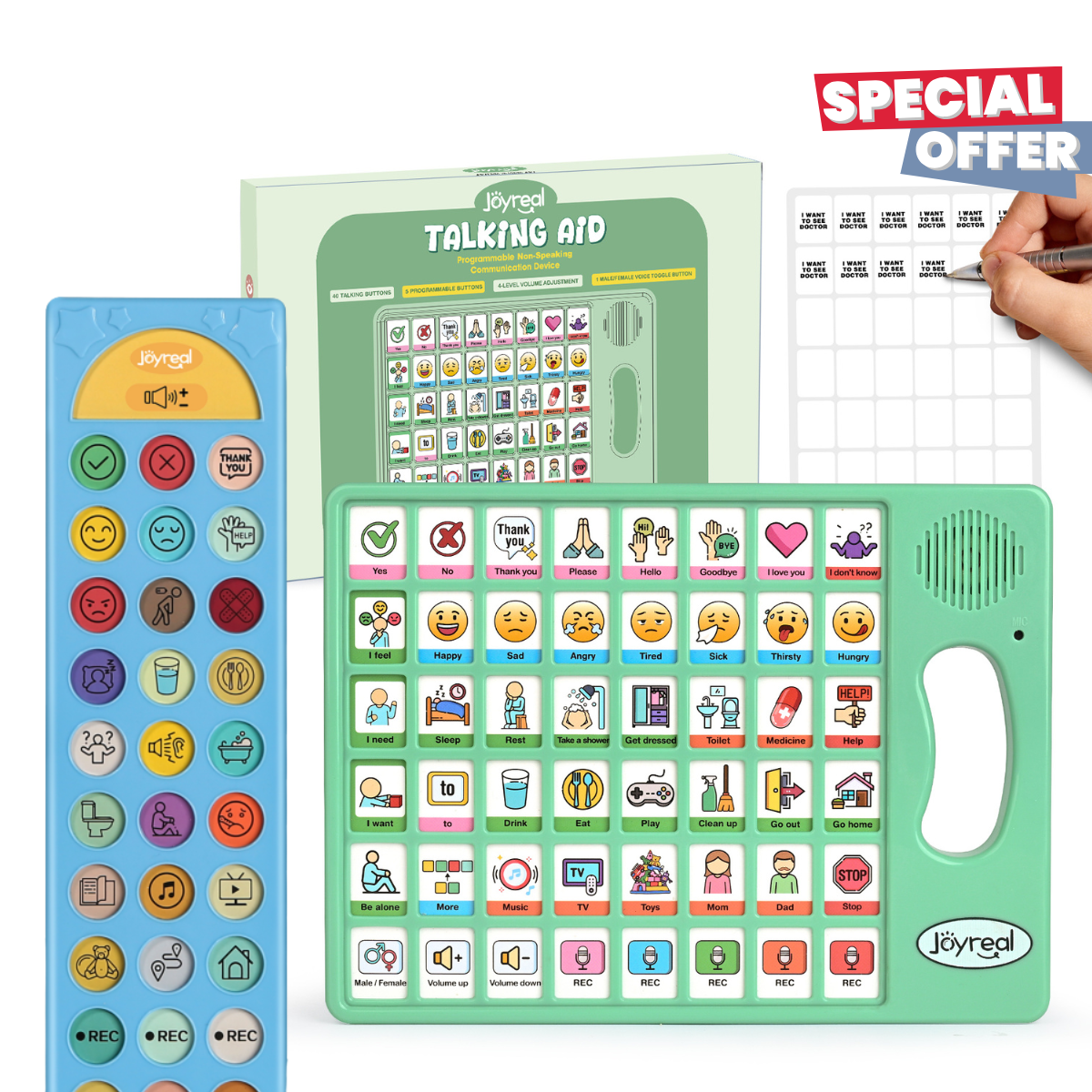 AAC speech device bundle with communication board and blue carrying case