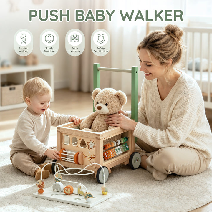 Wooden activity walker showing adjustable handle and safety features