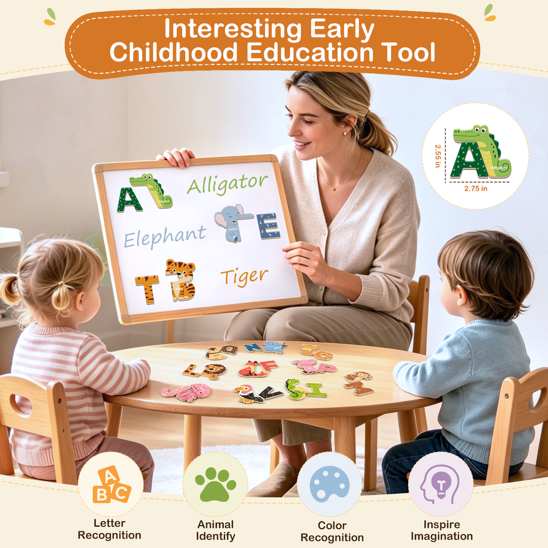 Wooden alphabet magnets with animal pictures and storage container