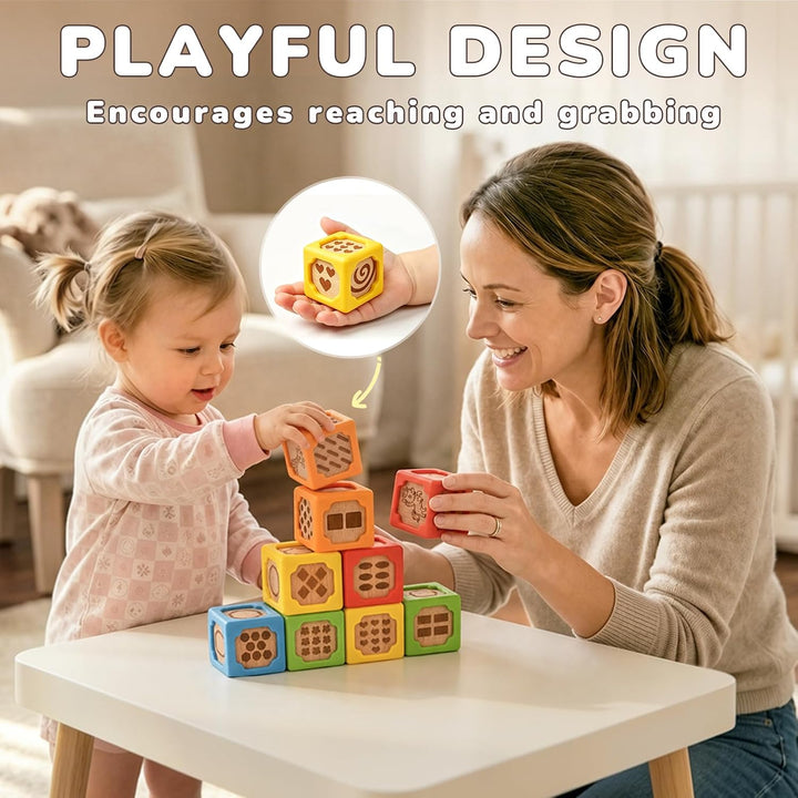 Baby sensory blocks with textured silicone and wooden pieces