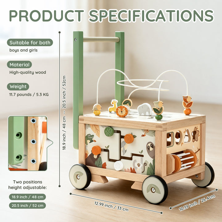 Wooden baby push walker with product specifications and storage details