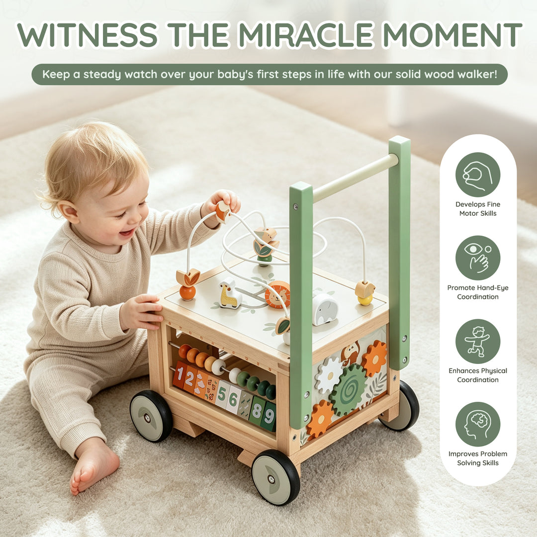 Wooden baby walker with storage compartment and removable activity pieces