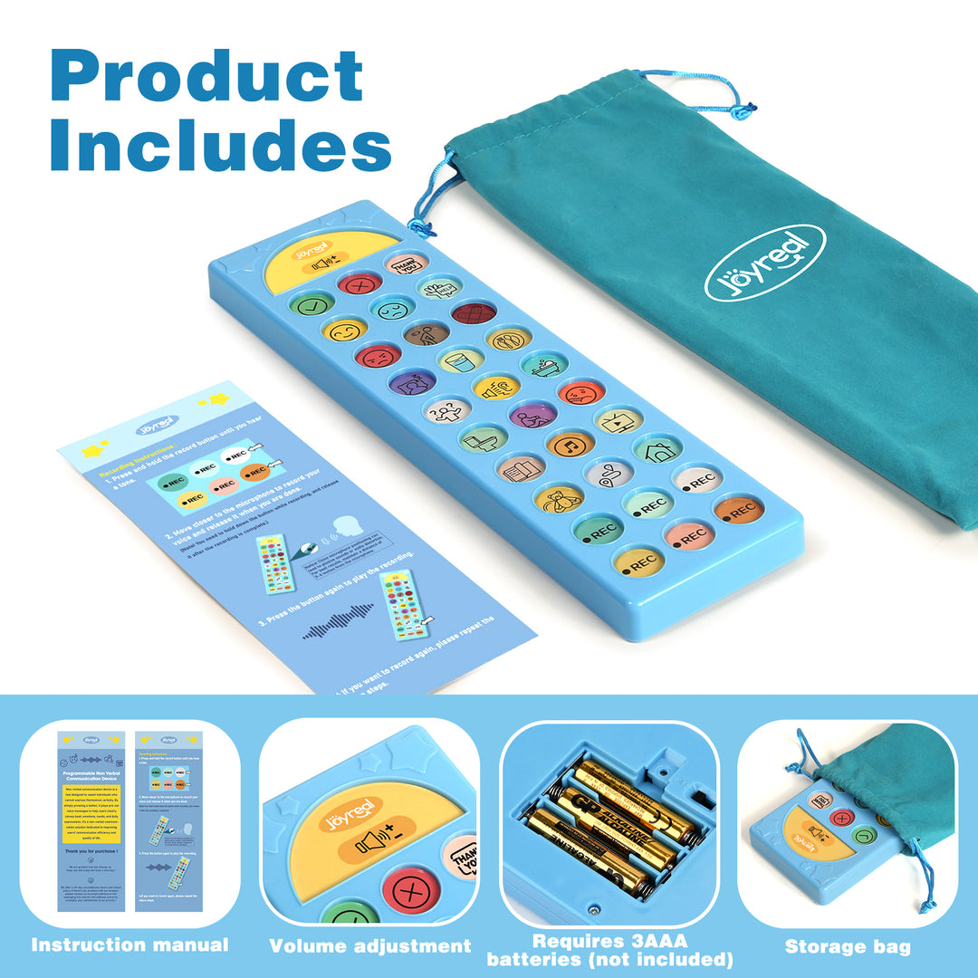 Blue AAC communication set showing device, board, cards, and storage case