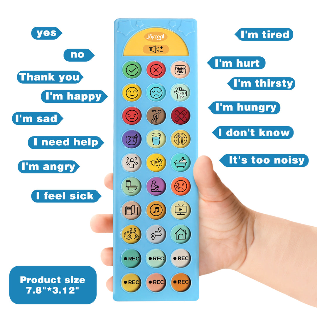 Hand holding blue AAC speech device with programmable message buttons