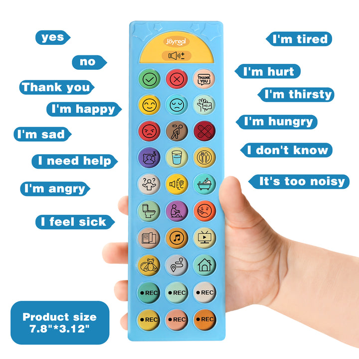 Hand holding blue AAC speech device with programmable message buttons