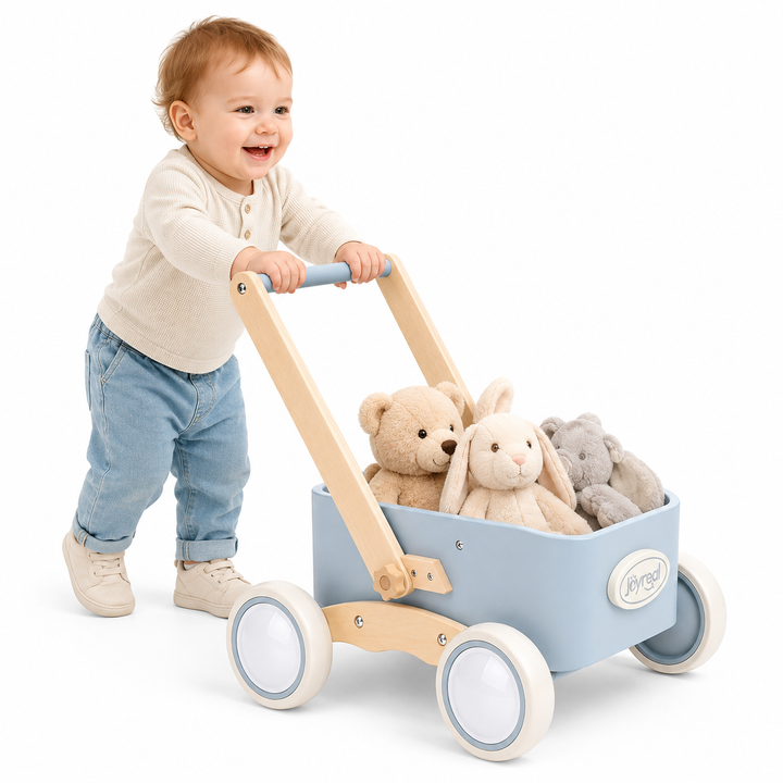 Blue wooden baby walker wagon with storage bin and push handle