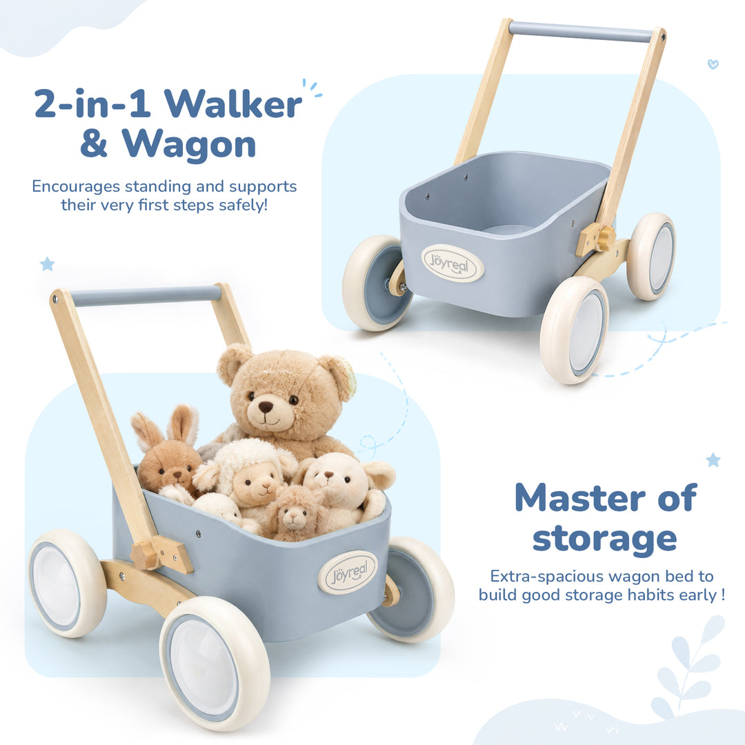 Blue wooden walker wagon with curved handle and roomy storage bin