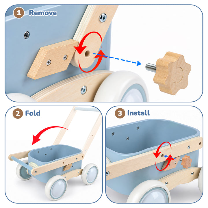 Three-panel instruction graphic showing how to remove, fold, and install a wooden toy wagon. 