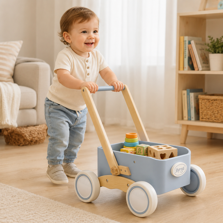 Blue wooden walker wagon with push handle and storage space