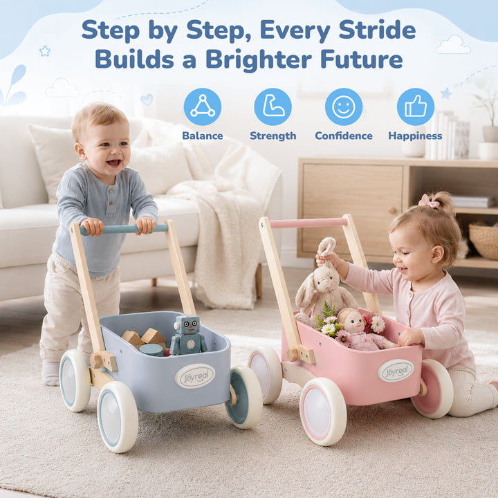 Blue wooden walker wagon with storage bin and rounded wheels