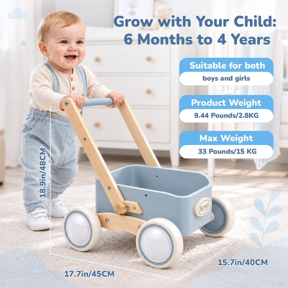 Blue wooden walker wagon product feature and storage details