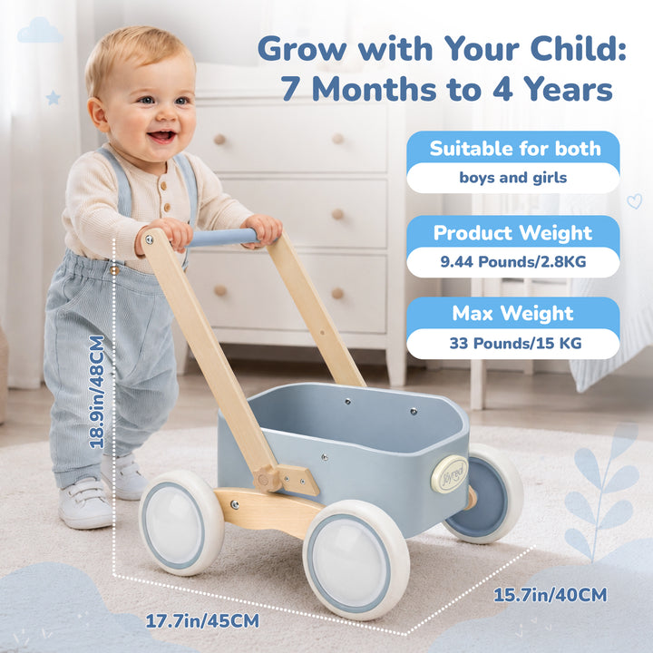 Blue wooden walker wagon product feature and storage details