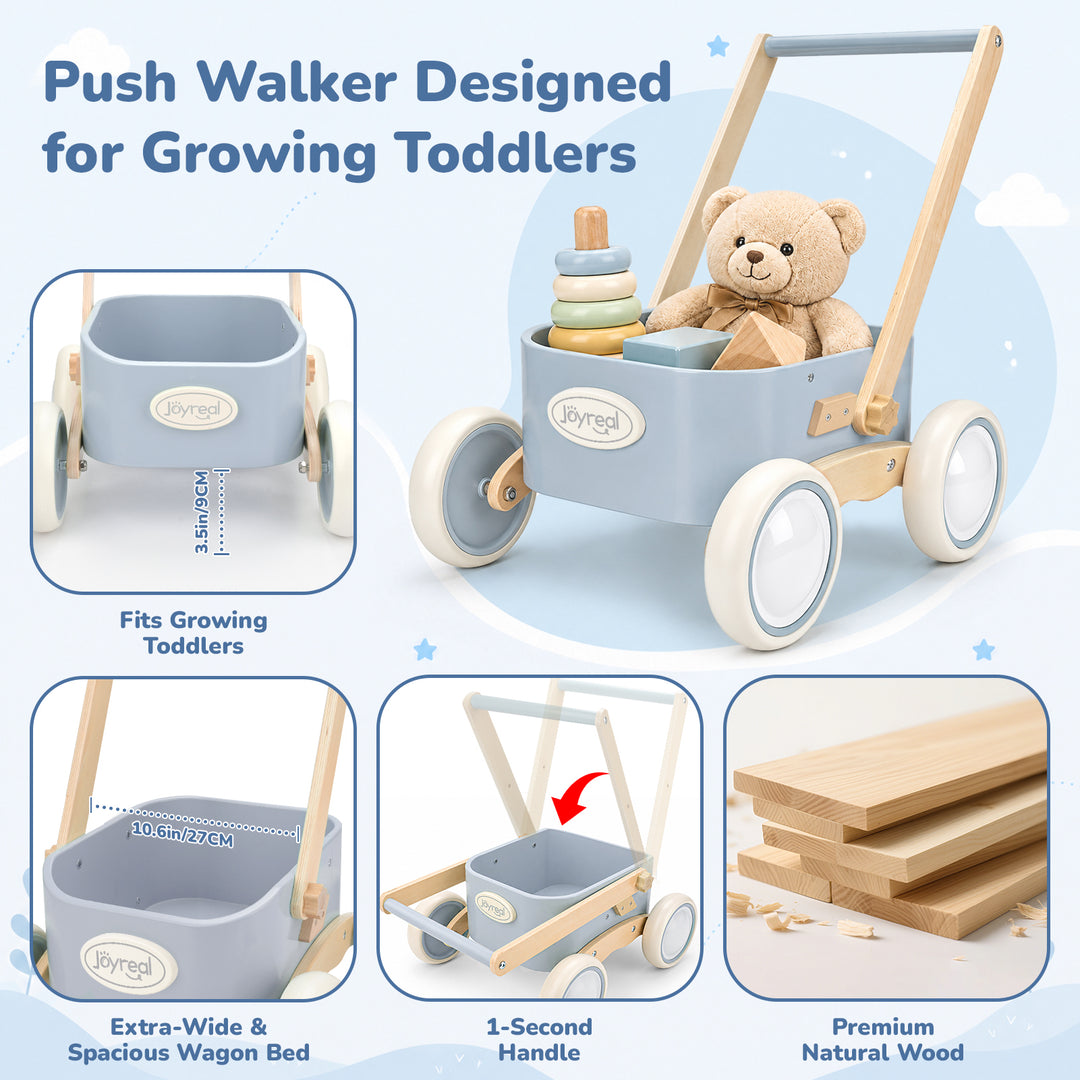 Blue wooden walker wagon showing sturdy wheels and push handle