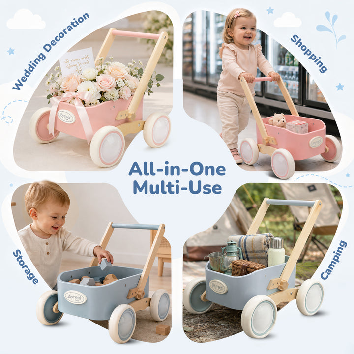 Blue wooden walker wagon with teddy bear storage compartment