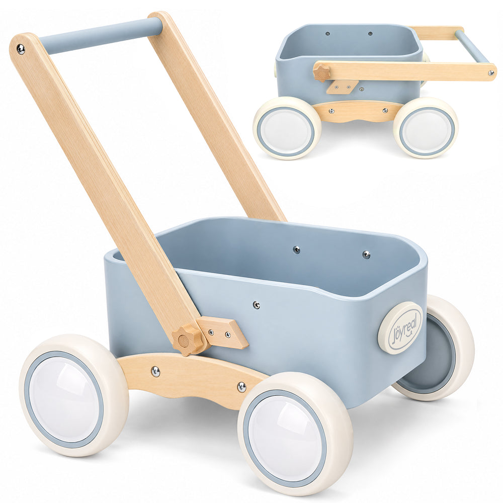 Blue wooden walker wagon showing toddler-friendly storage and wheels