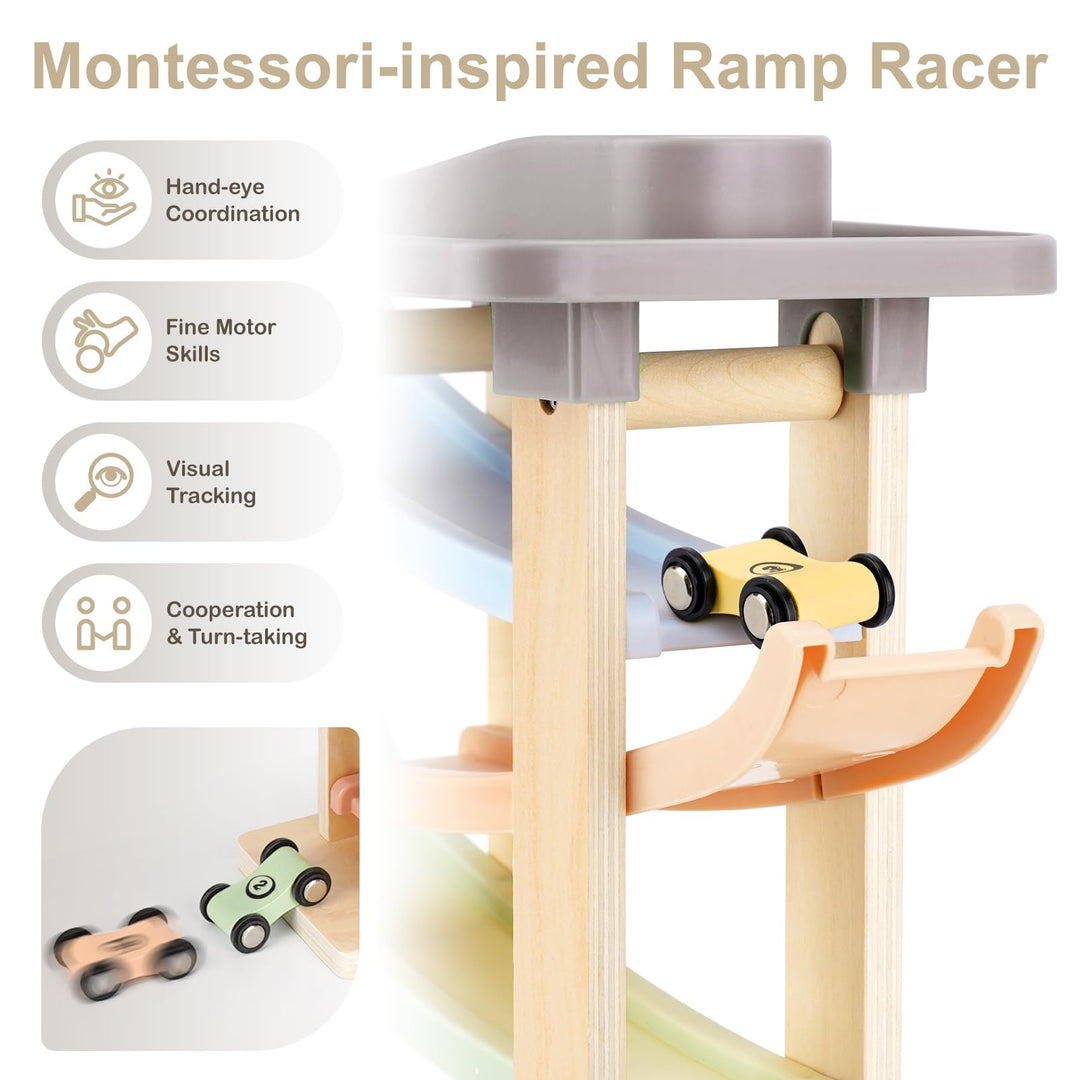Wooden car ramp toy with four cars and sturdy rolling wheels