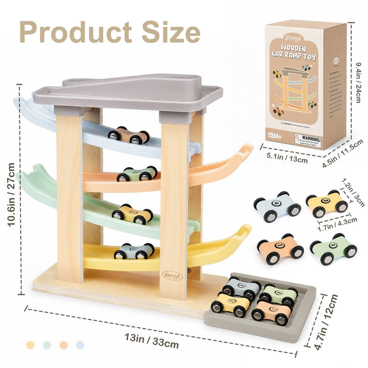 Wooden car ramp toy showing safe rounded edges and car storage