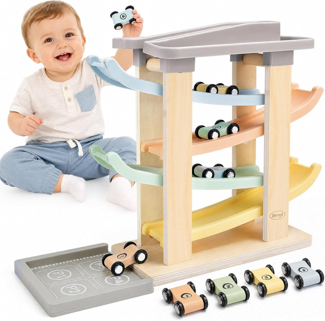Wooden car ramp toy with four colorful cars for toddlers