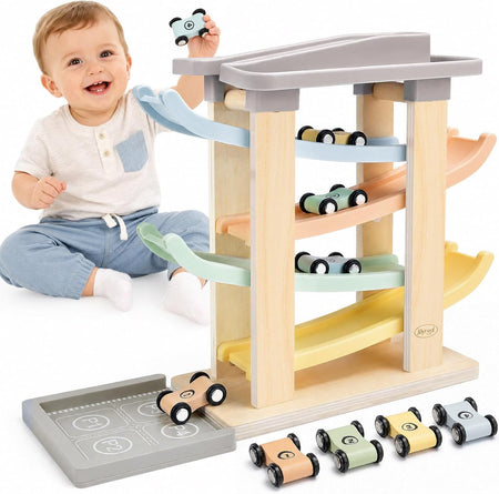 Wooden car ramp toy with four colorful cars for toddlers