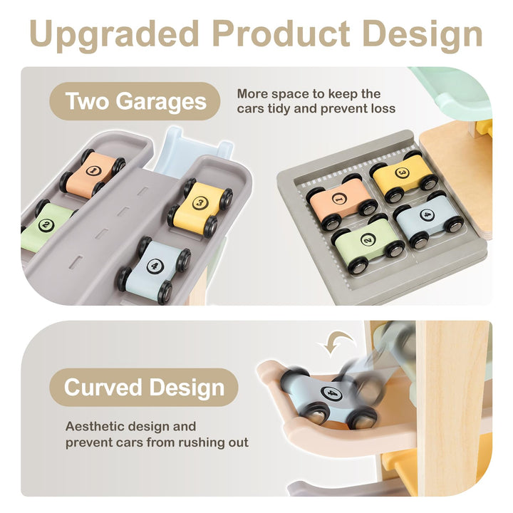 Wooden car ramp toy with two garages and storage compartments