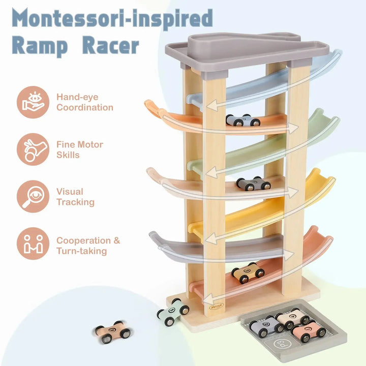 Wooden Car Ramp Racer Toys with 8 Mini Cars &amp; 2 Garages 